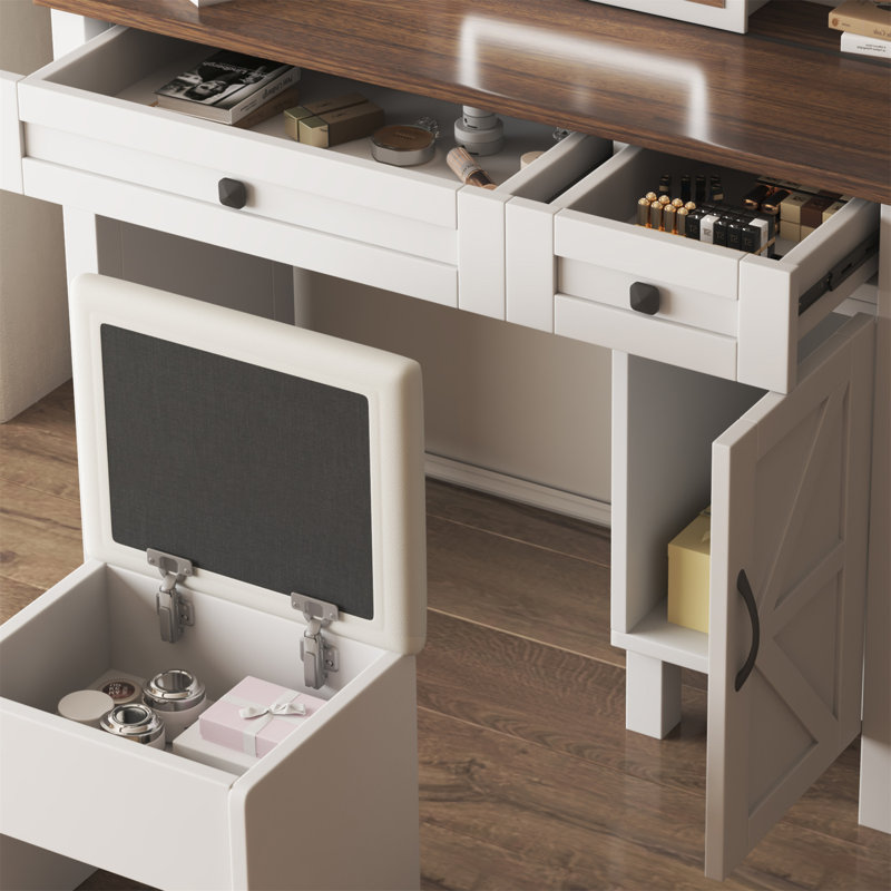 Charming Farmhouse Vanity Desk With Sliding Mirror And Ample Storage