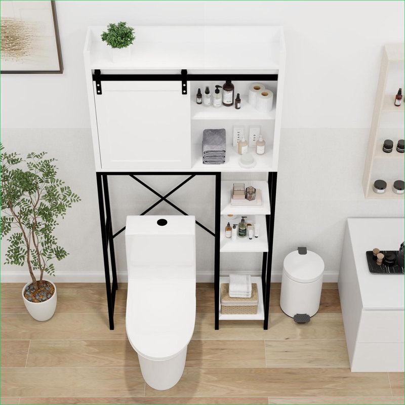 Au-dessus de la toilette, porte de grange coulissante de style campagnard à tablettes réglables | Blanc | Panneau de fibres à densité moyenne