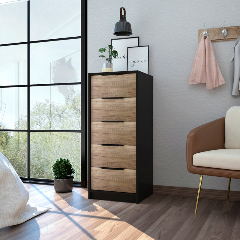 Commode 5 tiroirs, commode verticale - noir / pin, H 16,3 po x l 17,7 po x P 16,3 po, Noir / Pin