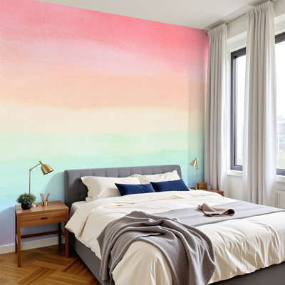 Peel and Stick Wallpaper 144" W x 100" H Modern Self Adhesive Wall Mural for Bedroom Rainbow Pastels Watercolor Rainbow watercolor brush stroke stripes