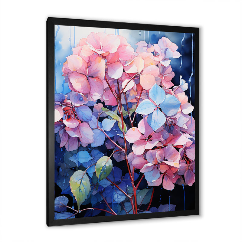 Hortensias bleus et mauves I, H 32 po x l 16 po x P 1 po, Cadre photo noir
