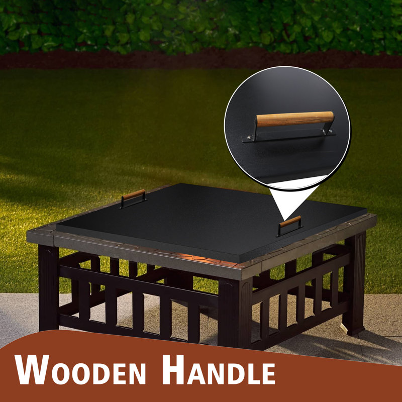 42'' Black Steel Square Fire Pit Lid with Wooden Handles