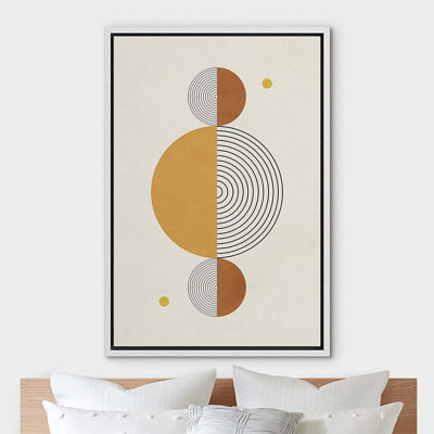 Mid Century Modern Boho IDEA4WALL Framed Canvas Print Wall Art Yellow & Black Striped Illusion Semi Circles Geometric Shapes Illustrations Abstract Colorful For Living Room, Bedroom, Office