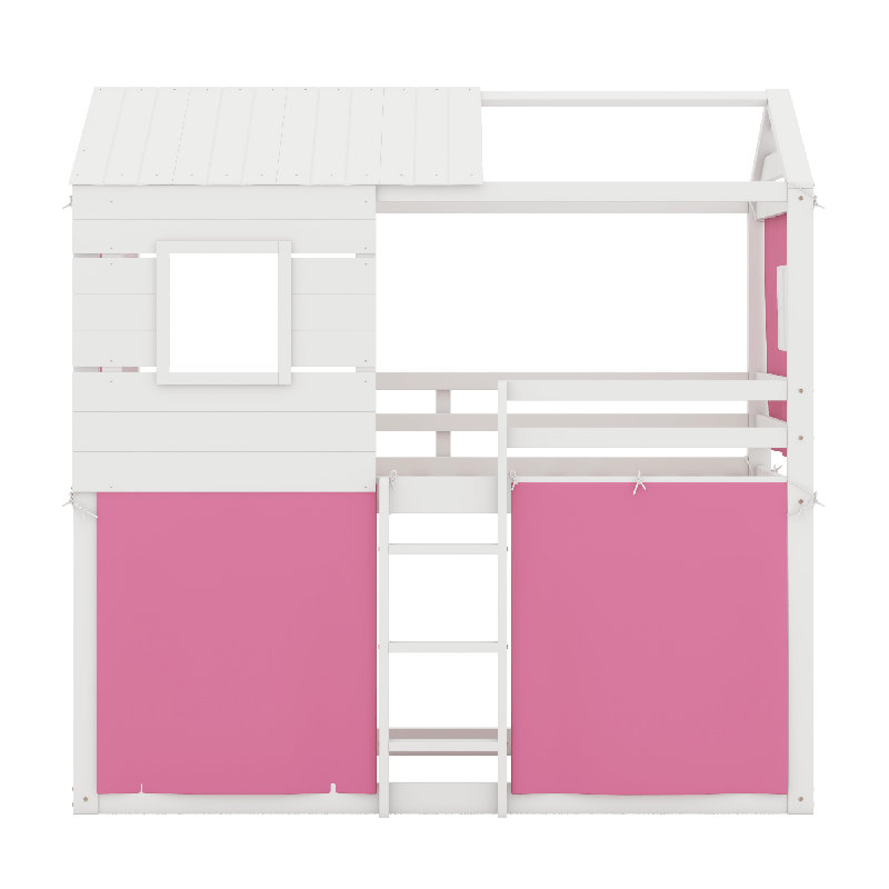 Bunk Wood House Bed With Tent, Twin Over Twin, Pink