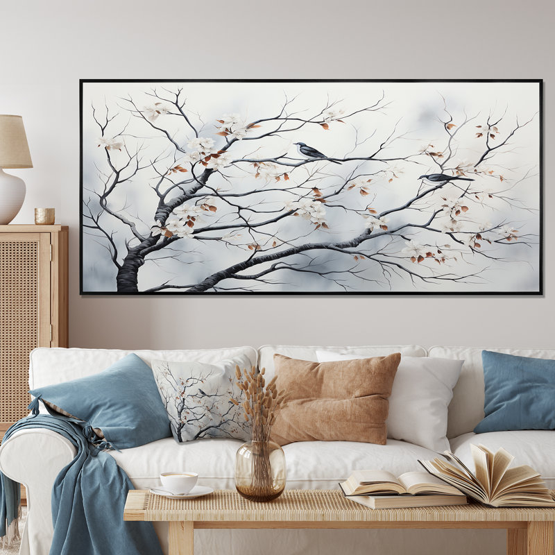 Gris floral Sprintime, oiseaux, art mural, Cadre flottant noir, H 28 po x l 60 po x P 1,5 po