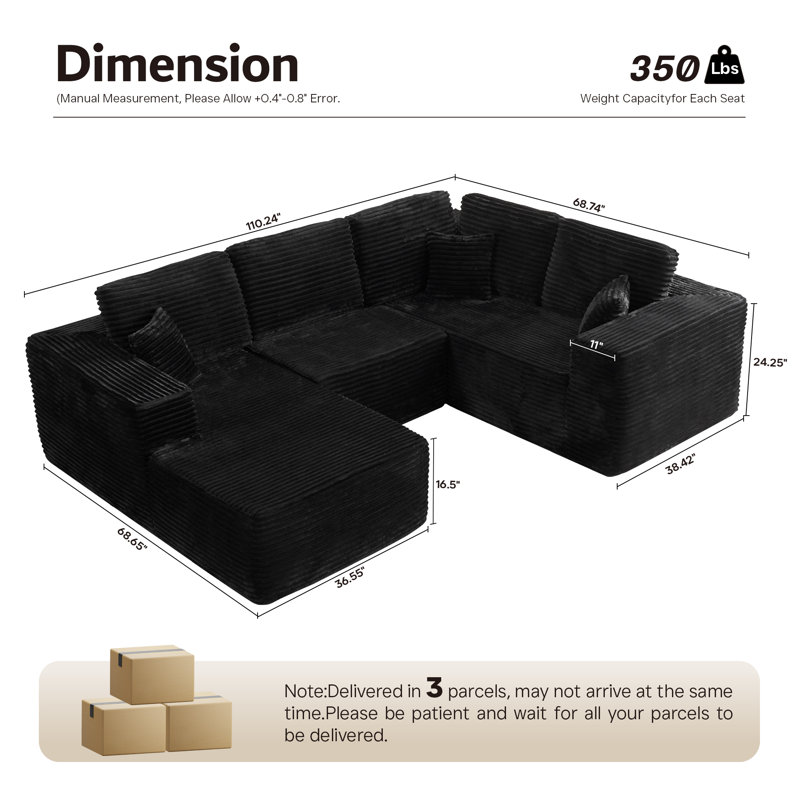 Canapé modulaire Kustas sans assemblage requis pour le salon et le cinéma maison, Similifourrure noire