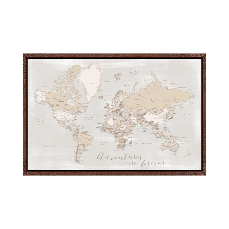 Rustic Detailed World Map Lucille, Adventures Are Forever by Blursbyai - Floater Frame Gallery-Wrapped Canvas Giclée on Canvas