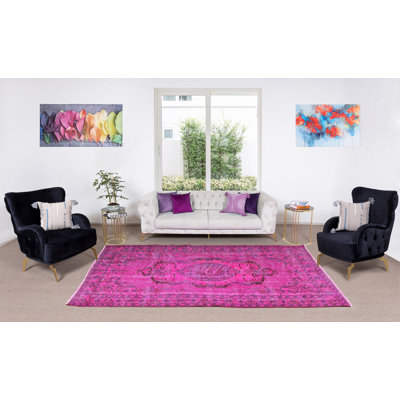 Tapis turc teint à la main de 5,7 x 9,6 pi de couleur fuchsia, idéal pour la décoration de bureau et de maison