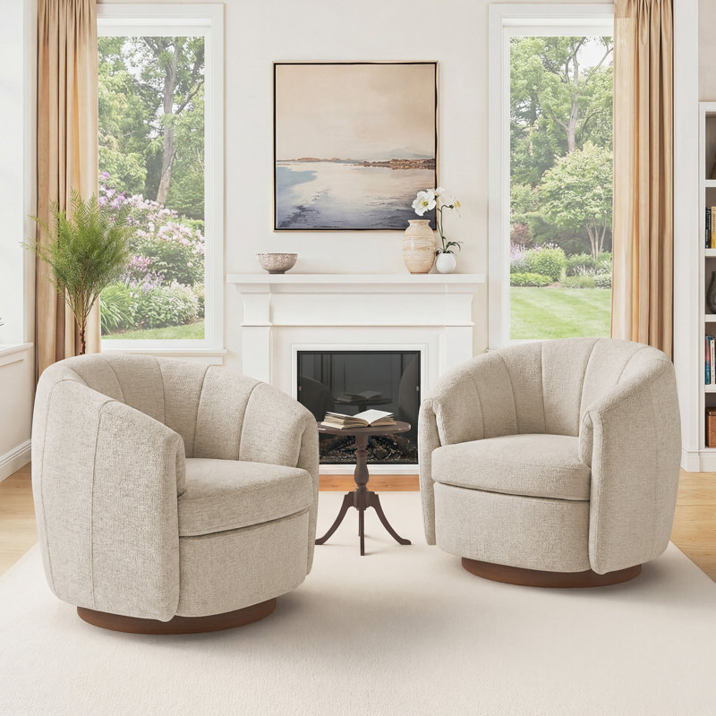 Seraphina 34.6"W Swivel Barrel Chair, Light Camel