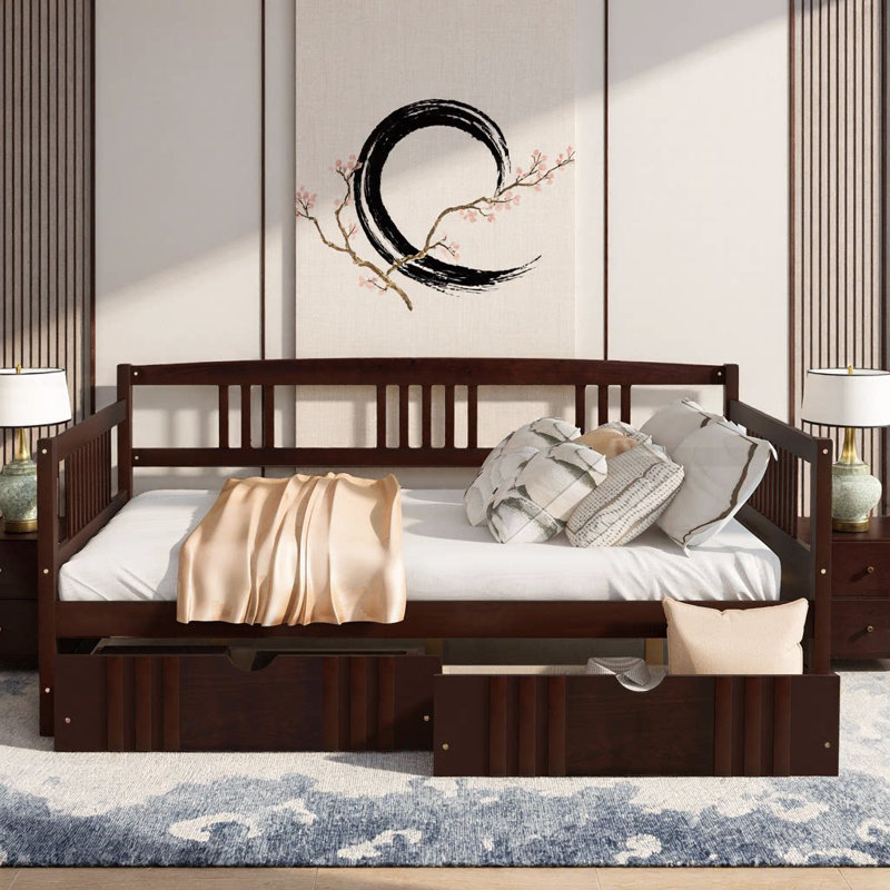 Full Size Espresso Solid Pine Wood Daybed with 2 Storage Drawers - Space-Saving Sleeper Sofa, Espresso, Full