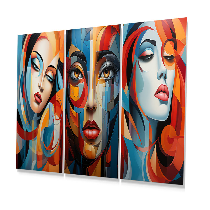 Portrait de femme cubique chromatique - Portrait abstrait, ensemble de 3 reproductions d'art en métal, H 28 po x l 36 po