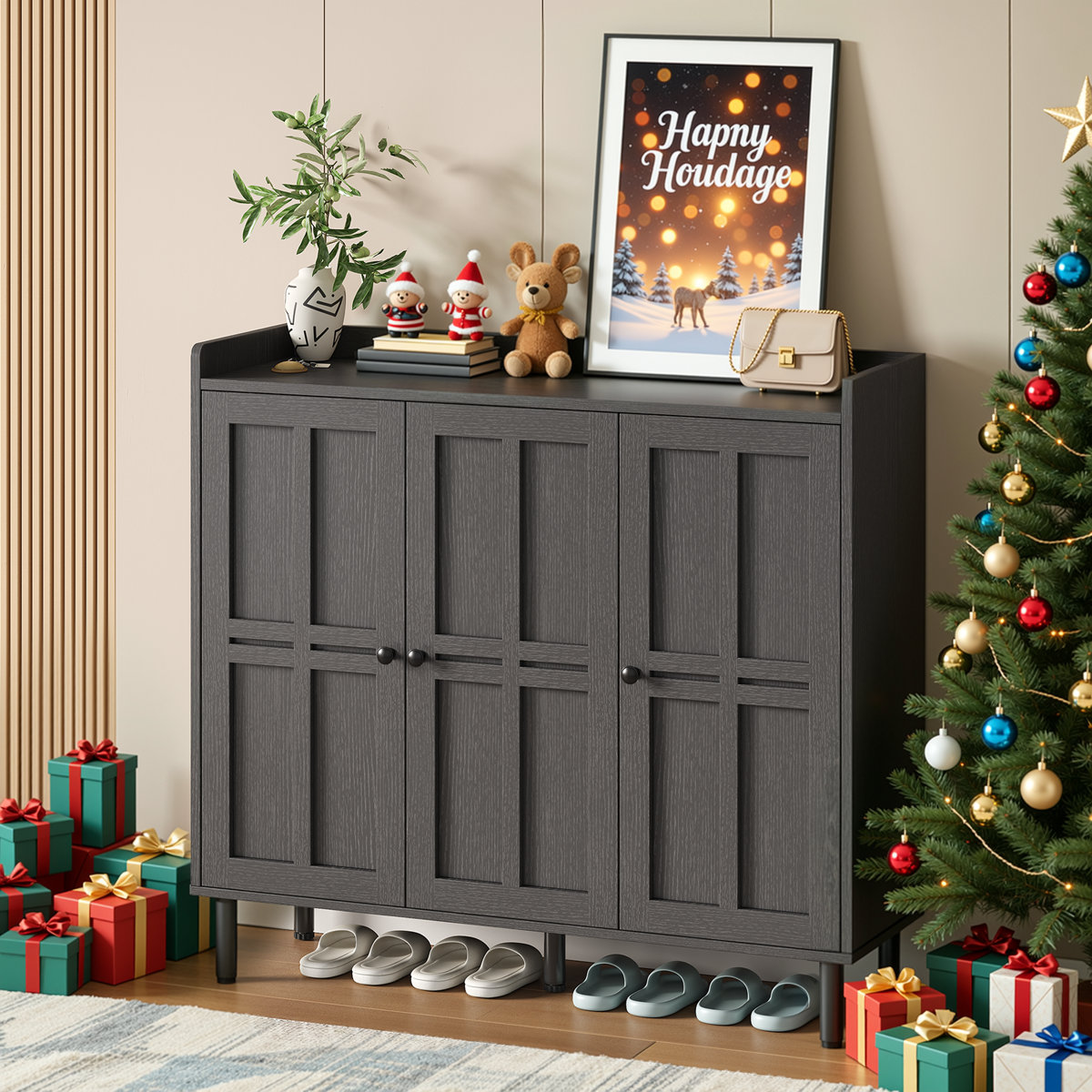 5-Tier 30 Pairs Shoe Cabinet With 3 Doors And Adjustable Shelves For Entryway