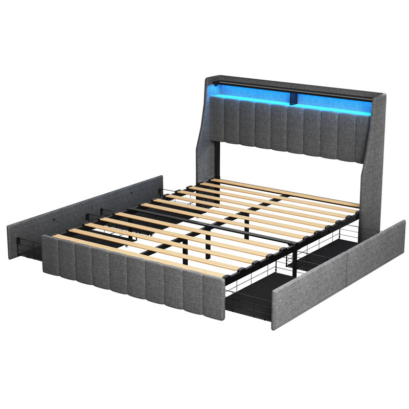 Grand lit avec lumières à DEL et cadre de rangement efficace, 4 tiroirs de grande capacité, gris