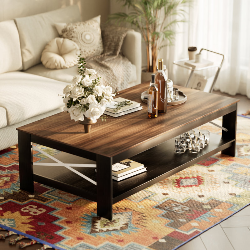 Farmhouse Coffee Table with Open Storage Shelf, 39.4" L x 21.7" W x 17.9" H, Wood Grain Finish Top for Living Room, Lounge