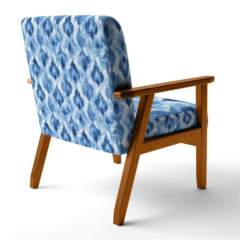 Chaise rembourrée Coastal - Fauteuil bleu Ikat, Accoudoirs carrés bruns
