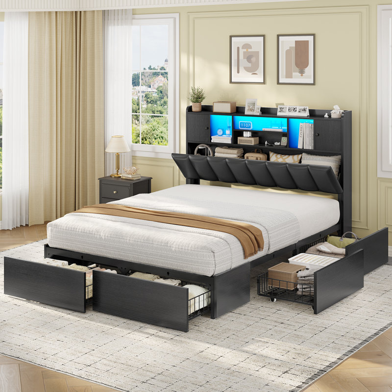 Lit plateforme tapissier avec rangement et tête de lit à DEL, livré dans 2 boîtes, assemblage simple, aucun sommier nécessaire