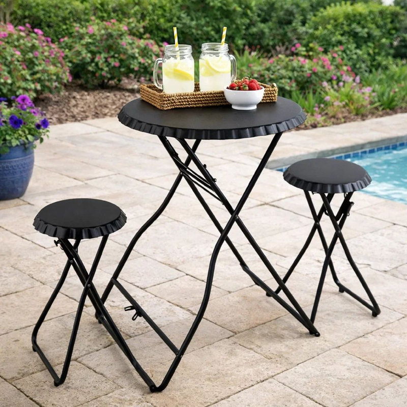 Ensemble de tables d'appoint pliables et 2 tabourets, plateau rond, fer noir