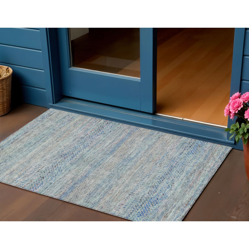 3' X 5' Blue And Charcoal Striped Washable Indoor Outdoor Area Rug