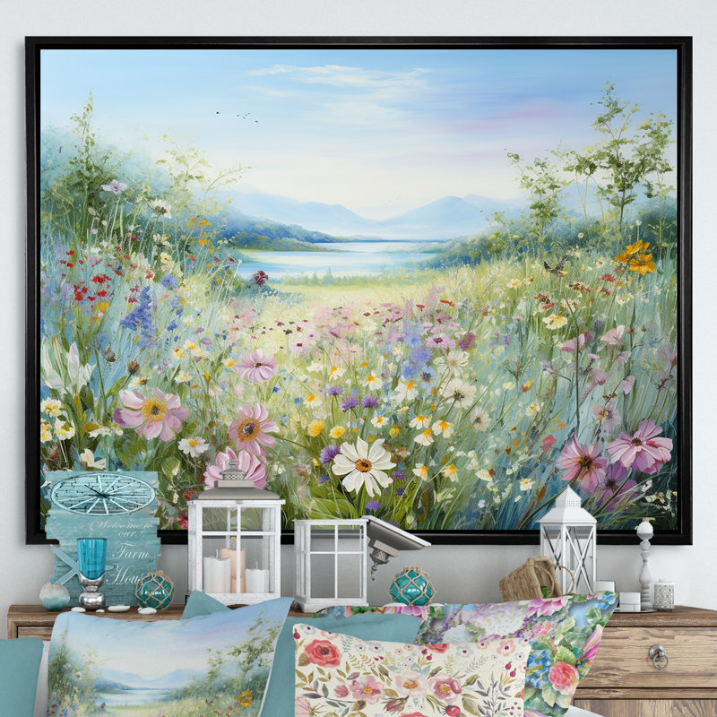 Simplity Wreath Green Flower Field - Art mural grand champ de fleurs, H 34 po x l 44 po x P 1,5 po, Cadre flottant noir