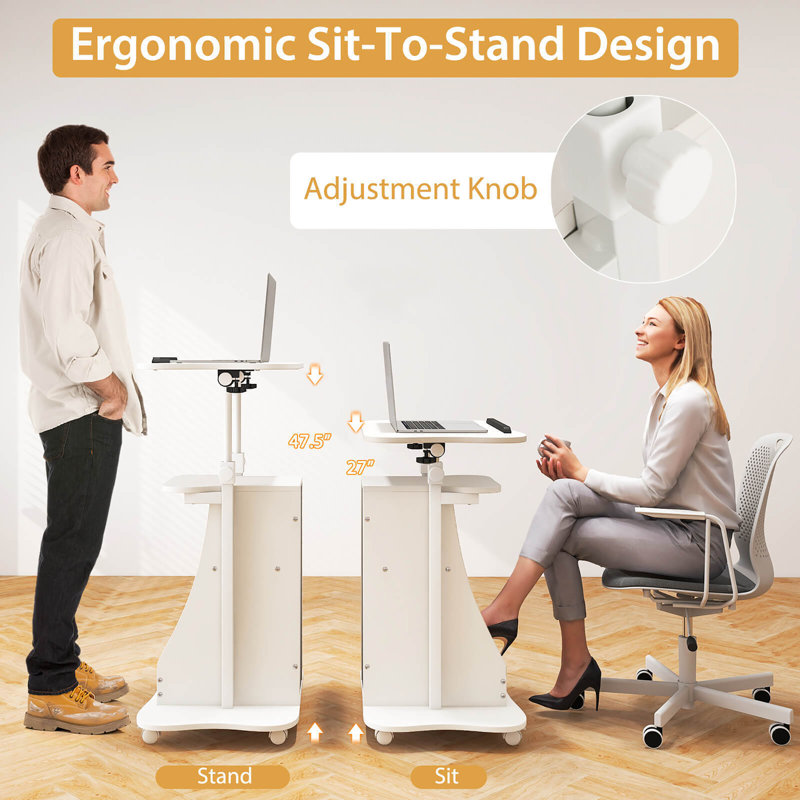 Gymax Sit-to-stand Laptop Desk Cart Rolling Mobile Height Adjustable W/ Storage