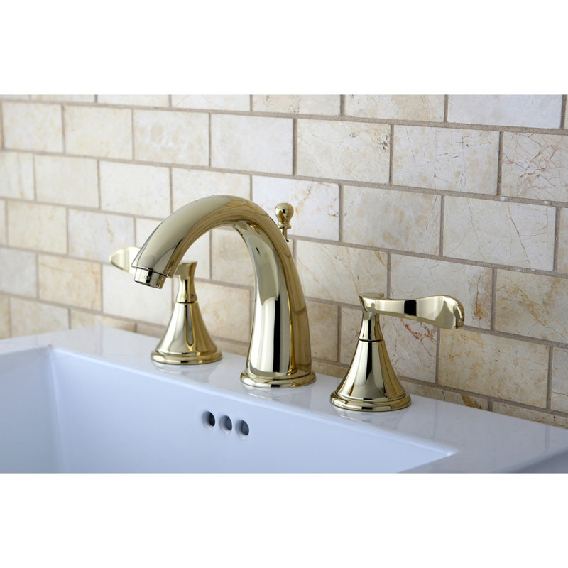 Kingston Brass Century Two-Handle 3-Hole Deck Mount Widespread Bathroom Faucet with Brass Pop-Up Drain, Polished Brass