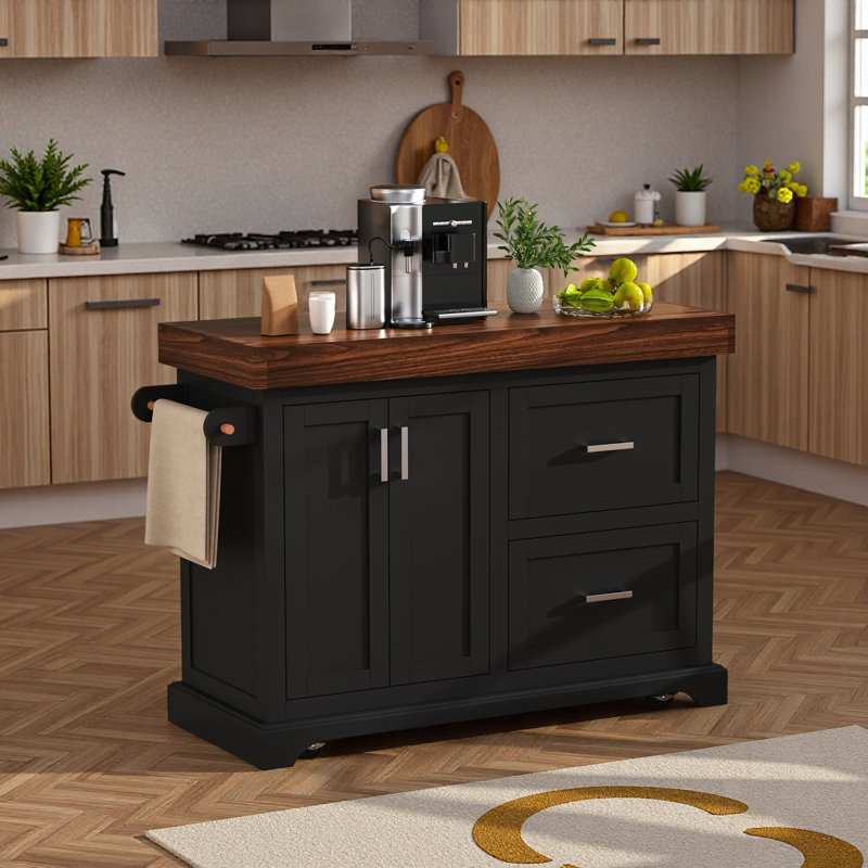 Grand îlot de cuisine avec bureau épais, porte-épices, porte-serviettes, 2 tiroirs et 5 roulettes, Black