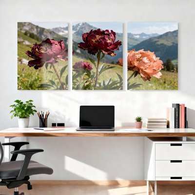 Ensemble de 3 tableaux sur toile représentant des pivoines de montagne, parfaits pour la décoration du salon et de la chambre.