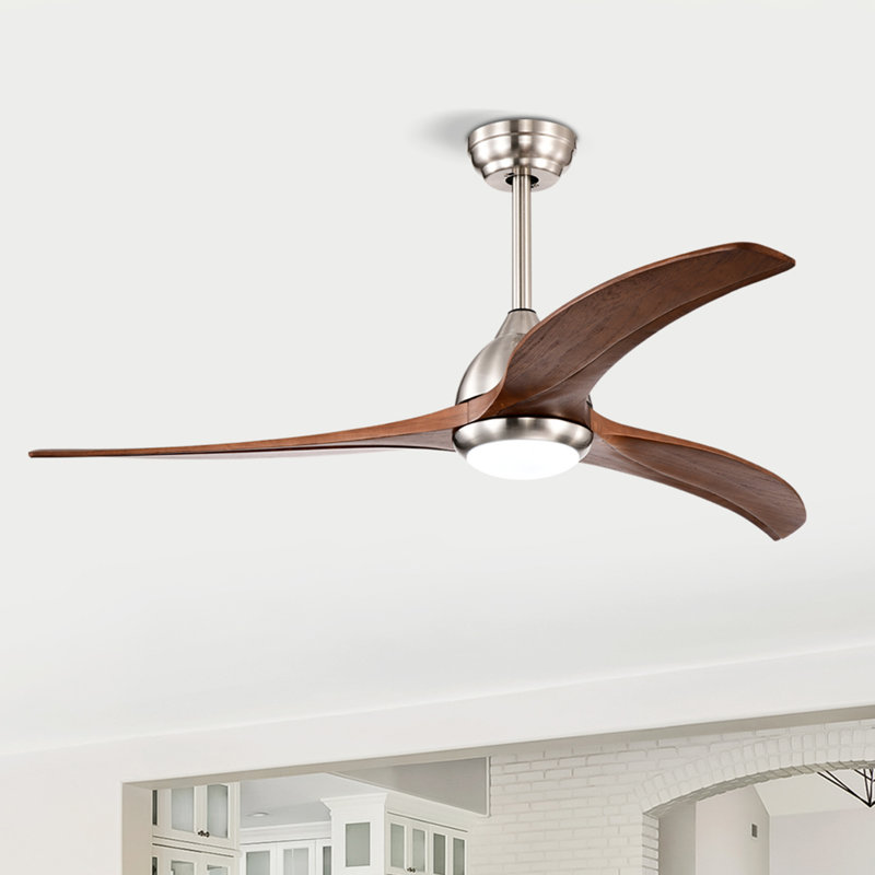 Ventilateur de plafond en bois massif de 52 po avec lumière DEL et télécommande, Nickel poli, Bois brun