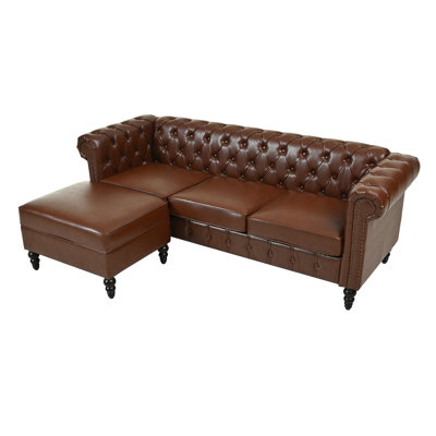 U-style 85" Modern 4-Seater L-Shaped Sectional Sofa with Storage Ottoman, Modular PU Leather Couch with Tufted Back, Rivet-Decorated Curved Armrests a