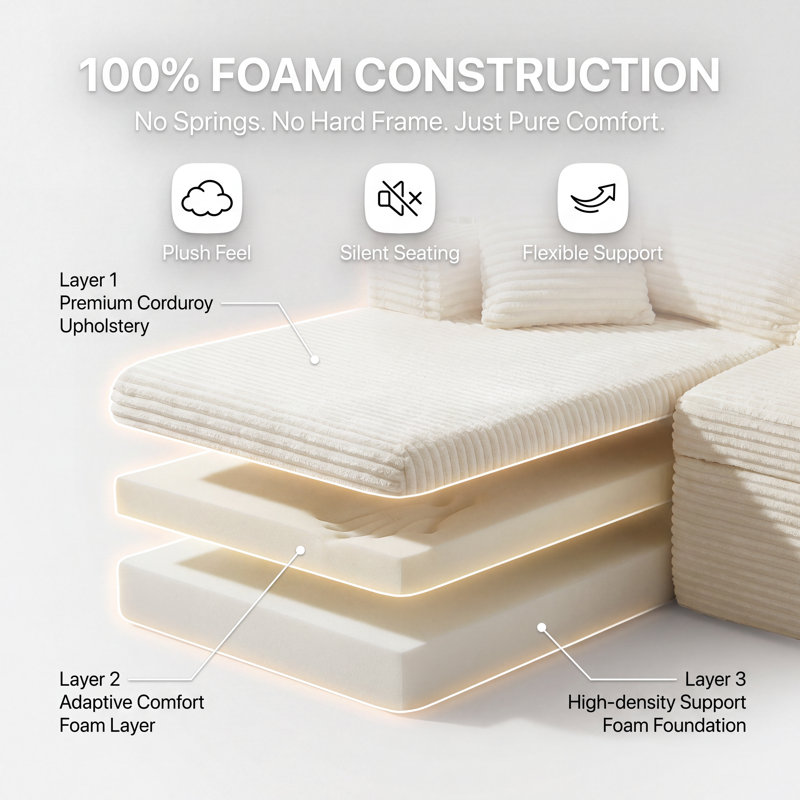 108" Left Hand Facing Corner Sectional With Chaise And Ottoman Corduroy Upholstered Boneless Compression L-Shaped Sofa