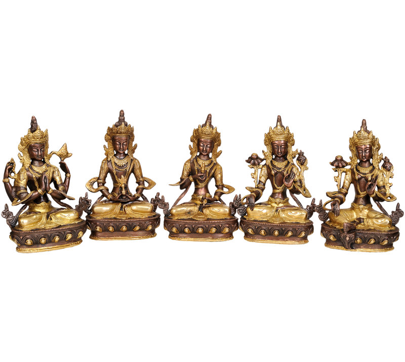 Divinités bouddhistes tibétaines Chenrezig, Amitabha, Vajrasattva, Tara blanche et Tara verte (ensemble de 5 sculptures)