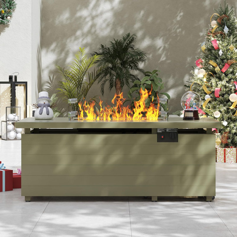 51"W X 21" H Metal Propane Outdoor Fire Pit Table with Cover, Champagne, Green