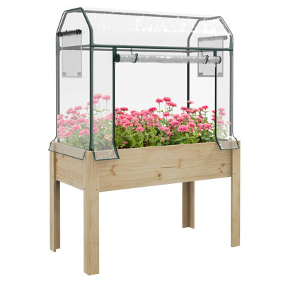 45" W x 24" D x 65" H Elevated Wood Raised Garden Bed with Plastic Greenhouse Cover and Bed Liner, Outdoor Raised Planter Box for Herbs and Vegetables, Ideal for Patio, Backyard and Balcony, Natural