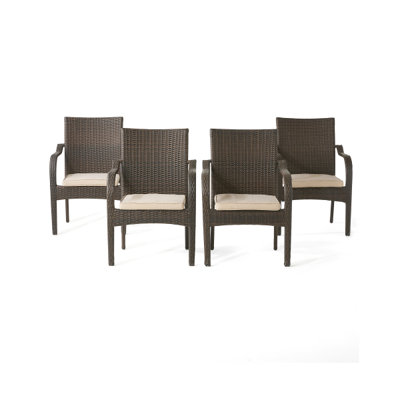 Ensemble de chaises d'extérieur en osier 4 pièces, chaises de patio empilables en résine tressée avec coussins imperméables et structure en fer pour terrasse, jardin, cour