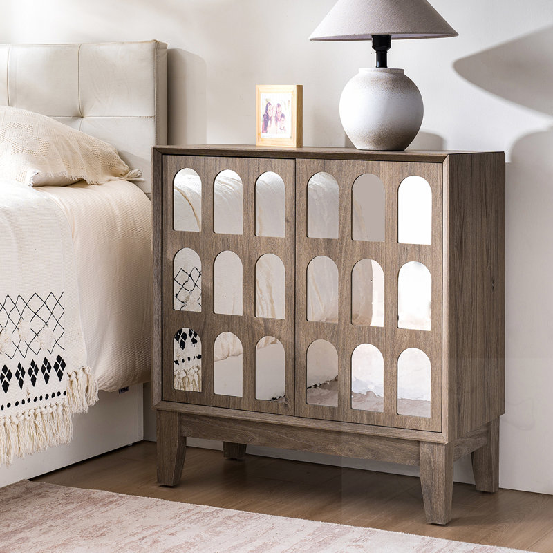 Wooden Double Mirror Door Cabinet, Light Brown