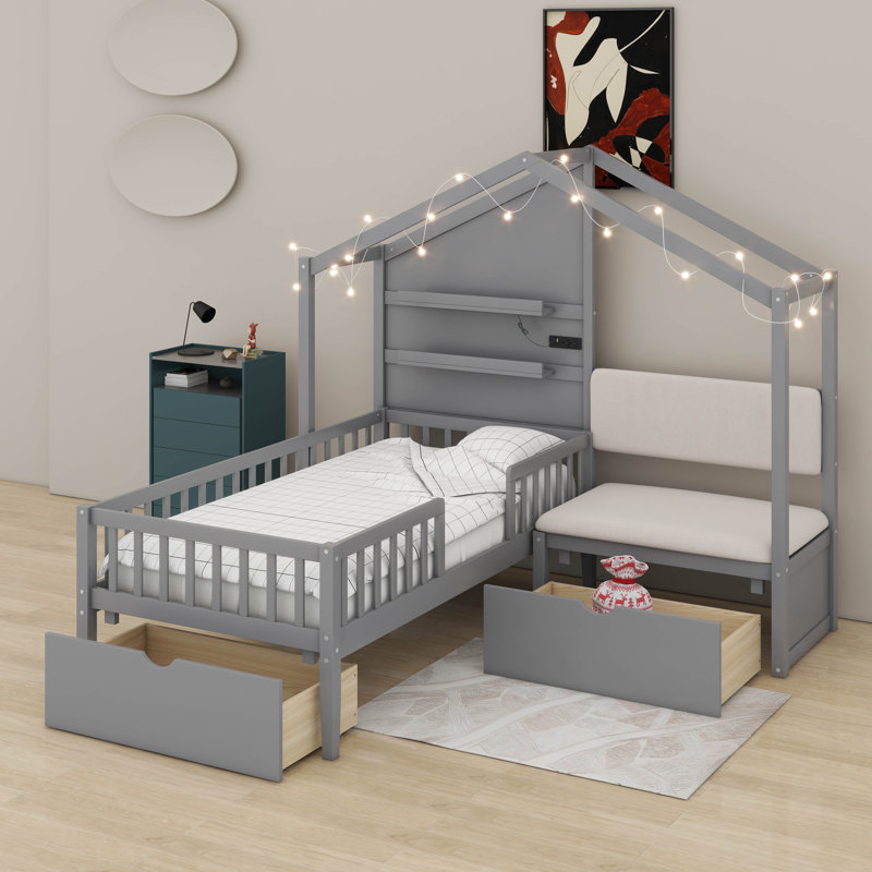 Lit simple avec canapé-lit, tablettes et tiroirs, Gris