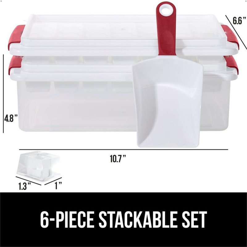 Stackable Ice Cube Tray And Bucket Set, Includes 2 Trays With Lid And Scooper, Easy Release, Makes 56 Cubes For Cocktail Soda Coffee, Leak Proof Freezer Bin Kit, Kitchen Gadget, Red
