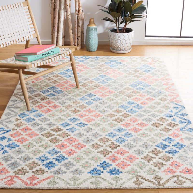 Lukats Hand Tufted Wool/Cotton/Latex Geometric Rug in Blue/Red, Rectangle 5' x 8'