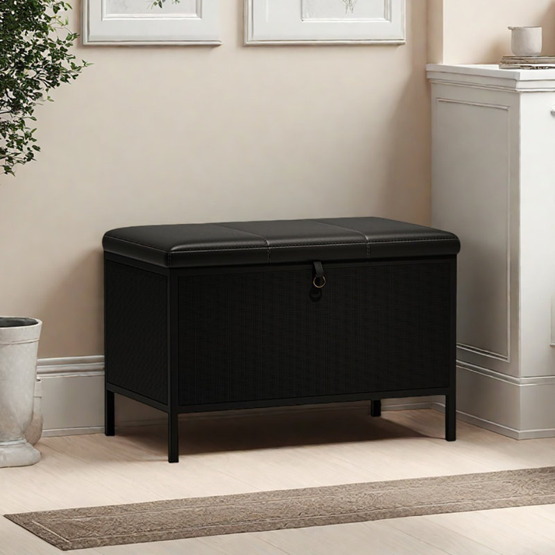 26in Shoe Changing Stool Flip Down Shoe Storage, Black