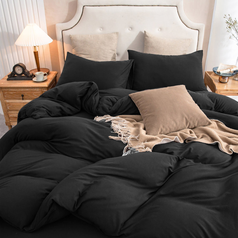 HOME BEDDING Jersey Cotton Duvet Cover Set, King Duvet Cover + 2 King Shams, Black