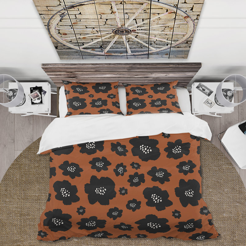 Fleurs noires sur terre cuite - ensemble de housse de couette moderne - microfibre de polyester