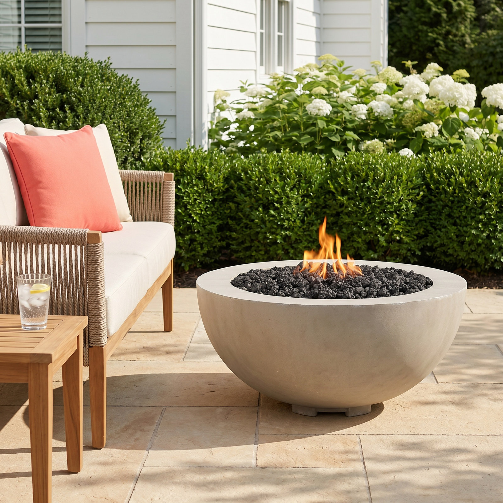 Round Fire Pit Table, Natural Concrete, Natural Gas