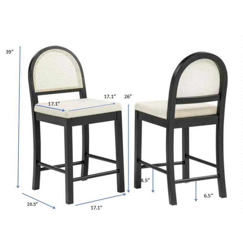 Kinsale 26" Upholstered With Rattan Counter Height Chair (Set of 2), Black