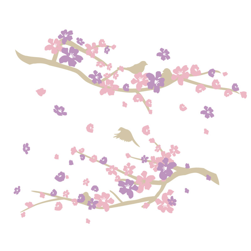 Décalcomanie murale petites fleurs de cerisier, Brun / Rose / Mauve, H 20 po x l 24 po x P 0,01 po