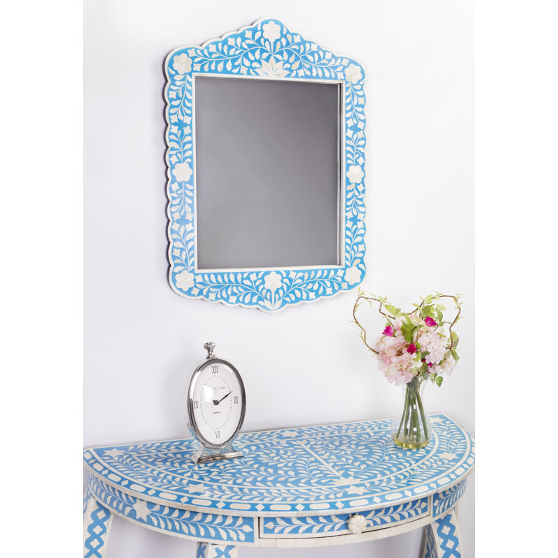 Blue and White Ornate Rectangular Wood Wall Mirror