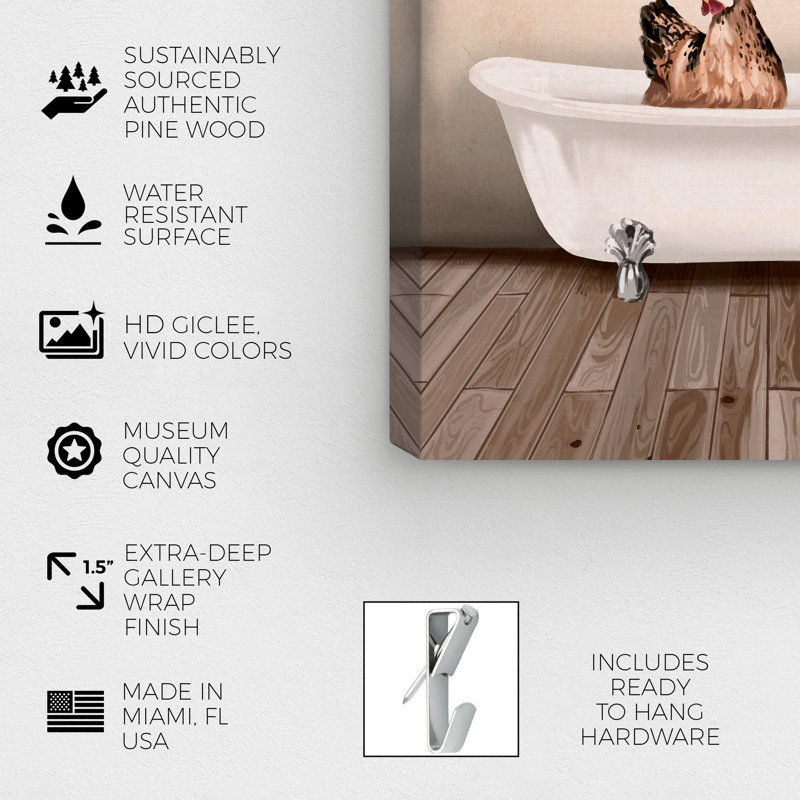 «Animals Rustic Chicken Bathroom III Rooster», reproduction d'art graphique, H 54 po x l 36 po x P 1,5 po, Toile tendue