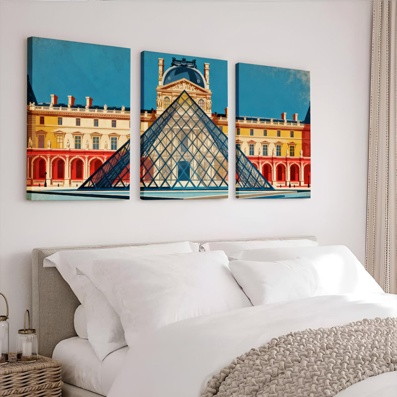 Ensemble de 3 tableaux sur toile représentant la pyramide du Louvre à Paris, H 18 po x l 36 po