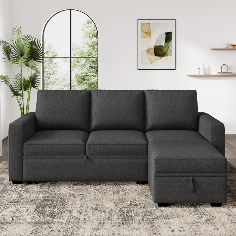 Canapé-lit modulaire en L coulissant avec rangement, Polyester gris foncé