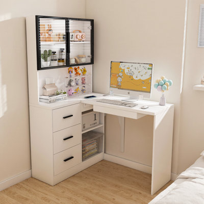 Bureau d'angle moderne en L avec armoires en verre à DEL, ports USB et rangement ergonomique pour la maison et le bureau
