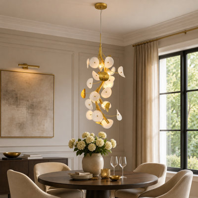 Edie 16.5"w 6-light Modern Painted Gold Pendant Light With White Glass Petal Shades For Kitchen Island, Living Room, Bedroom